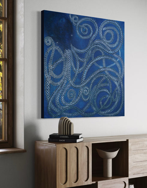 Ocean-inspired painting with ethereal blues and white tentacle suckers, capturing dynamic movement and meditative joy.