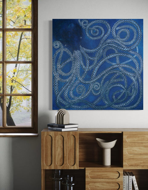 Ocean-inspired painting with ethereal blues and white tentacle suckers, capturing dynamic movement and meditative joy.