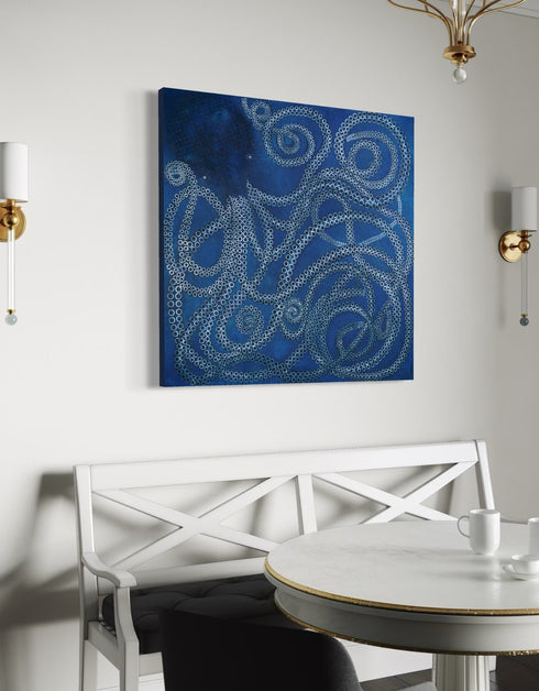 Ocean-inspired painting with ethereal blues and white tentacle suckers, capturing dynamic movement and meditative joy.