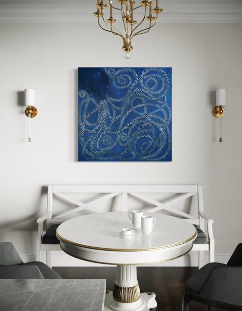 Ocean-inspired painting with ethereal blues and white tentacle suckers, capturing dynamic movement and meditative joy.