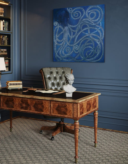 Ocean-inspired painting with ethereal blues and white tentacle suckers, capturing dynamic movement and meditative joy.