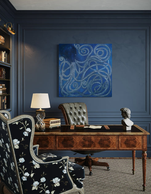 Ocean-inspired painting with ethereal blues and white tentacle suckers, capturing dynamic movement and meditative joy.