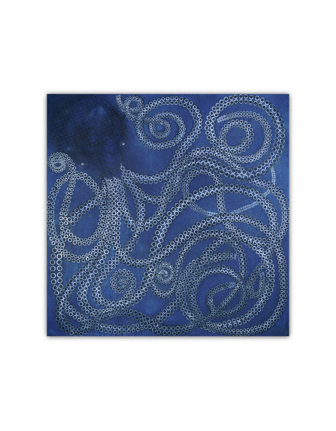 Ocean-inspired painting with ethereal blues and white tentacle suckers, capturing dynamic movement and meditative joy.