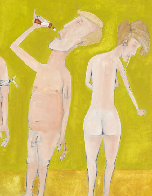 Giclee on Canvas Print of Naked People Doing Drugs by Seth B. Minkin. This detailed reproduction captures the humor and complexity of the original painting, with its hazy textures, subdued tones, and radiant golden highlights.