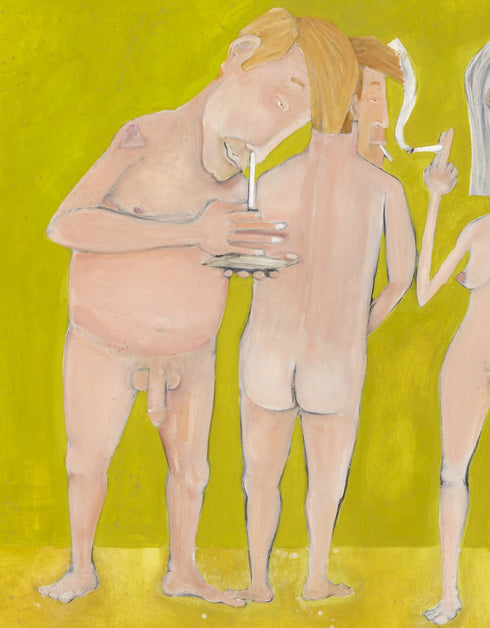 Limited Edition Print of Naked People Doing Drugs by Seth B. Minkin. This detailed reproduction captures the humor and complexity of the original painting, with its hazy textures, subdued tones, and radiant golden highlights.