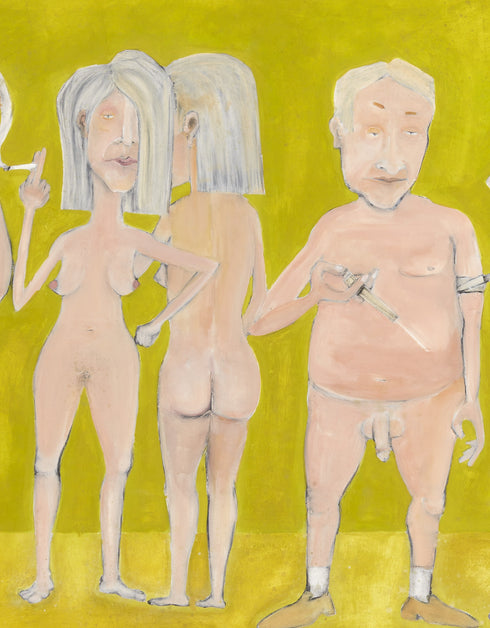 Limited Edition Print of Naked People Doing Drugs by Seth B. Minkin. This detailed reproduction captures the humor and complexity of the original painting, with its hazy textures, subdued tones, and radiant golden highlights.