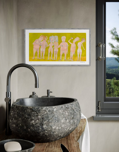 Limited Edition Print of Naked People Doing Drugs by Seth B. Minkin. This detailed reproduction captures the humor and complexity of the original painting, with its hazy textures, subdued tones, and radiant golden highlights.