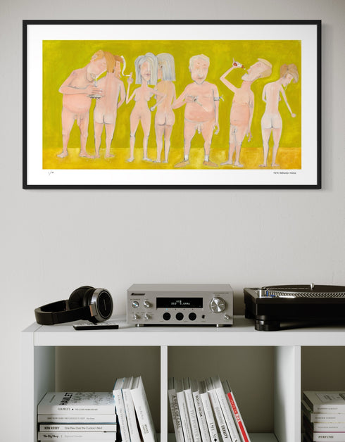 Limited Edition Print of Naked People Doing Drugs by Seth B. Minkin. This detailed reproduction captures the humor and complexity of the original painting, with its hazy textures, subdued tones, and radiant golden highlights.