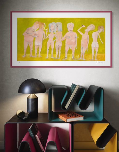 Limited Edition Print of Naked People Doing Drugs by Seth B. Minkin. This detailed reproduction captures the humor and complexity of the original painting, with its hazy textures, subdued tones, and radiant golden highlights.