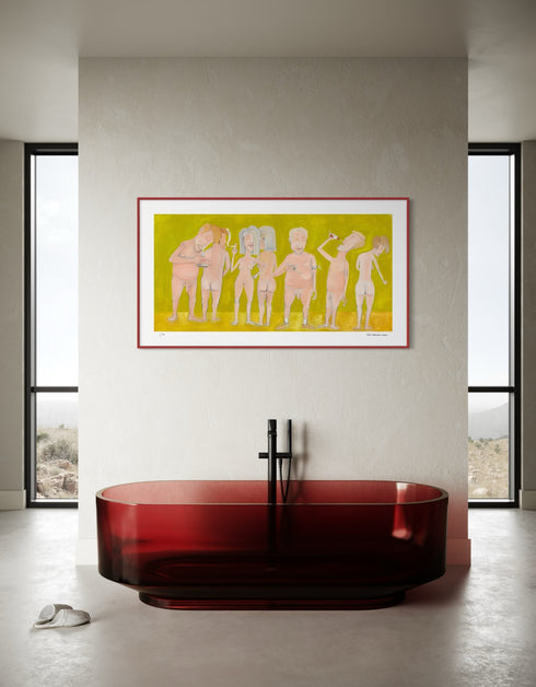 Limited Edition Print of Naked People Doing Drugs by Seth B. Minkin. This detailed reproduction captures the humor and complexity of the original painting, with its hazy textures, subdued tones, and radiant golden highlights.