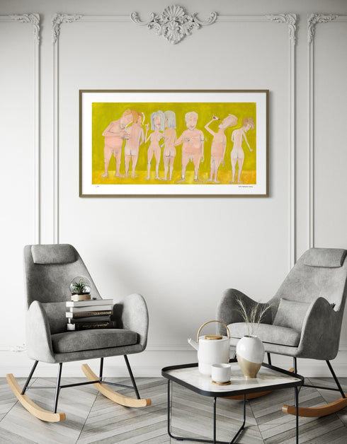 Limited Edition Print of Naked People Doing Drugs by Seth B. Minkin. This detailed reproduction captures the humor and complexity of the original painting, with its hazy textures, subdued tones, and radiant golden highlights.