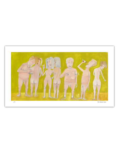 Limited Edition Print of Naked People Doing Drugs by Seth B. Minkin. This detailed reproduction captures the humor and complexity of the original painting, with its hazy textures, subdued tones, and radiant golden highlights.