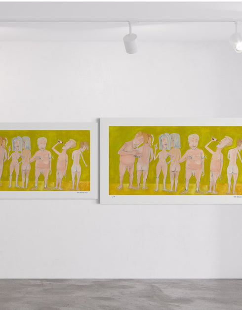 Limited Edition Print of Naked People Doing Drugs by Seth B. Minkin. This detailed reproduction captures the humor and complexity of the original painting, with its hazy textures, subdued tones, and radiant golden highlights.