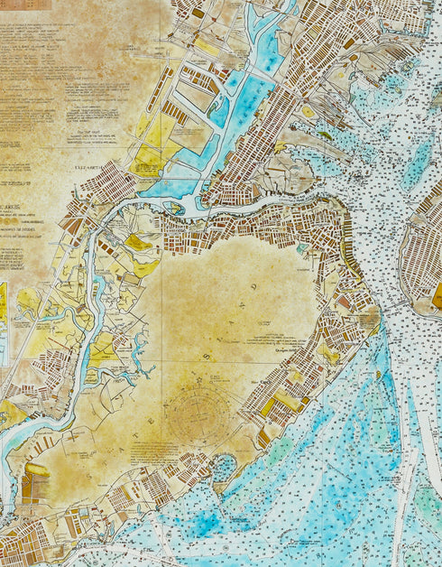 New York Harbor Nautical Chart is a Giclee on Canvas Print by Seth B. Minkin, with intricate line work and rich colors, showcasing New York Harbor's detailed layout.