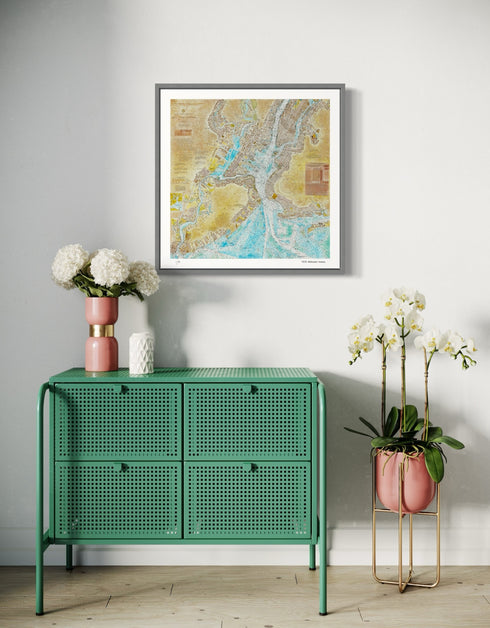 New York Harbor Nautical Chart is a Limited Edition Print by Seth B. Minkin, with intricate line work and rich colors, showcasing New York Harbor's detailed layout.