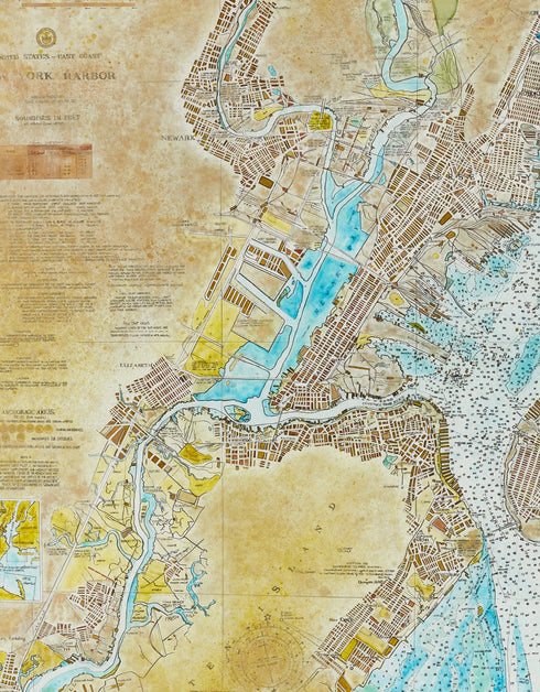 New York Harbor Nautical Chart is a Limited Edition Print by Seth B. Minkin, with intricate line work and rich colors, showcasing New York Harbor's detailed layout.
