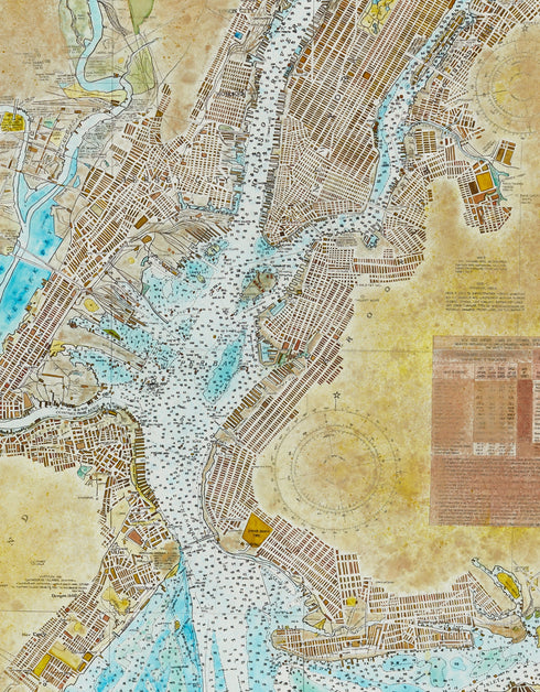 New York Harbor Nautical Chart is a Limited Edition Print by Seth B. Minkin, with intricate line work and rich colors, showcasing New York Harbor's detailed layout.