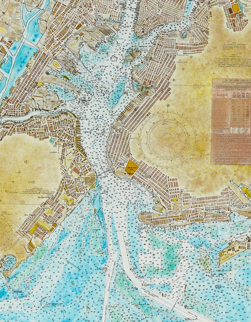 New York Harbor Nautical Chart is a Limited Edition Print by Seth B. Minkin, with intricate line work and rich colors, showcasing New York Harbor's detailed layout.