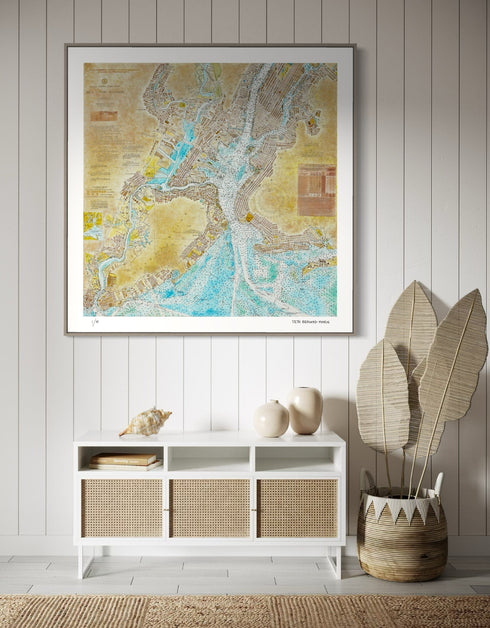 New York Harbor Nautical Chart is a Limited Edition Print by Seth B. Minkin, with intricate line work and rich colors, showcasing New York Harbor's detailed layout.