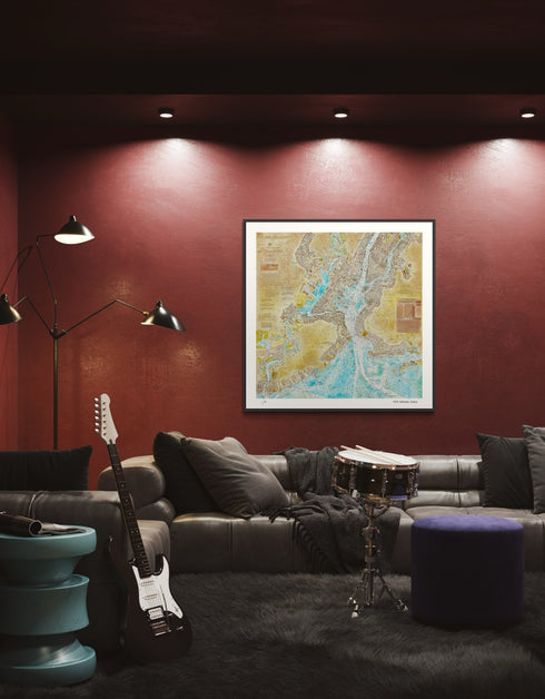 New York Harbor Nautical Chart is a Limited Edition Print by Seth B. Minkin, with intricate line work and rich colors, showcasing New York Harbor's detailed layout.