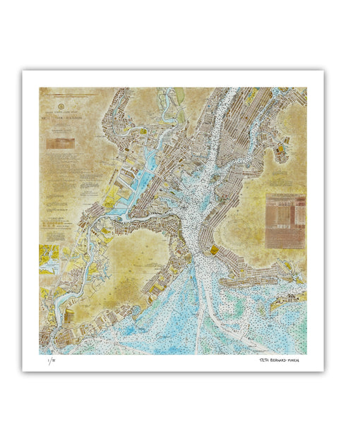 New York Harbor Nautical Chart is a Limited Edition Print by Seth B. Minkin, with intricate line work and rich colors, showcasing New York Harbor's detailed layout.