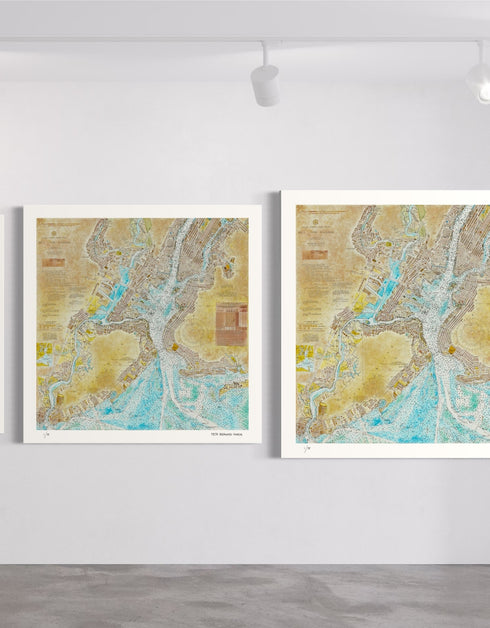 New York Harbor Nautical Chart is a Limited Edition Print by Seth B. Minkin, with intricate line work and rich colors, showcasing New York Harbor's detailed layout.