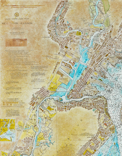 72"x72" nautical chart painting blending adventure and nostalgia with intricate lines and historical charm.