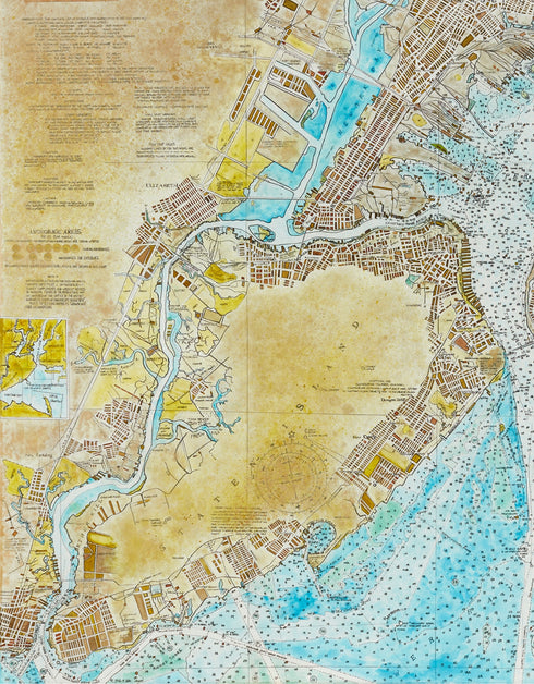 72"x72" nautical chart painting blending adventure and nostalgia with intricate lines and historical charm.