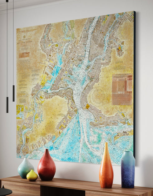 72"x72" nautical chart painting blending adventure and nostalgia with intricate lines and historical charm.