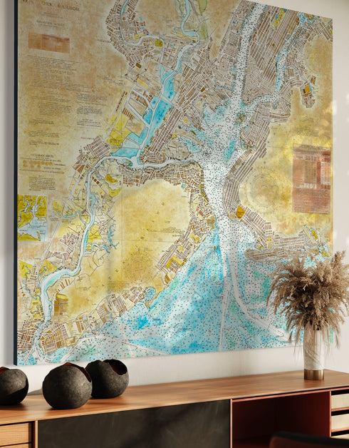 72"x72" nautical chart painting blending adventure and nostalgia with intricate lines and historical charm.
