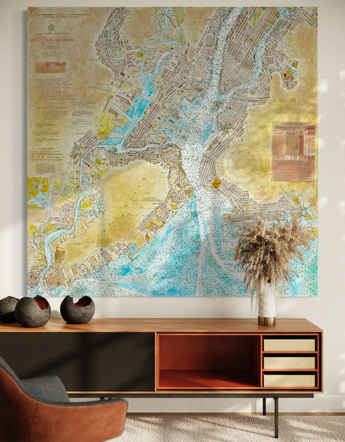 72"x72" nautical chart painting blending adventure and nostalgia with intricate lines and historical charm.