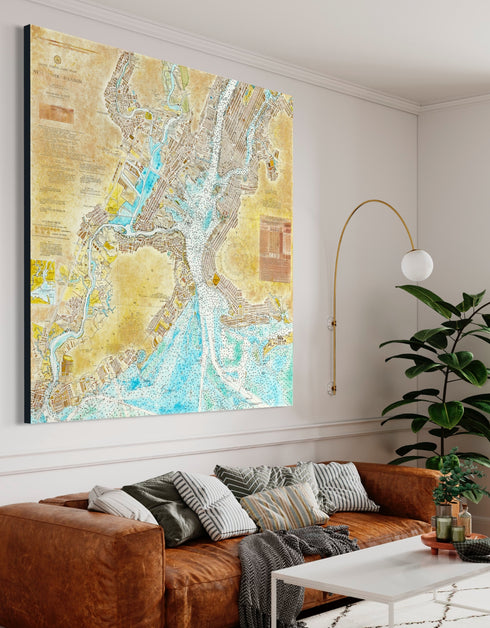 72"x72" nautical chart painting blending adventure and nostalgia with intricate lines and historical charm.