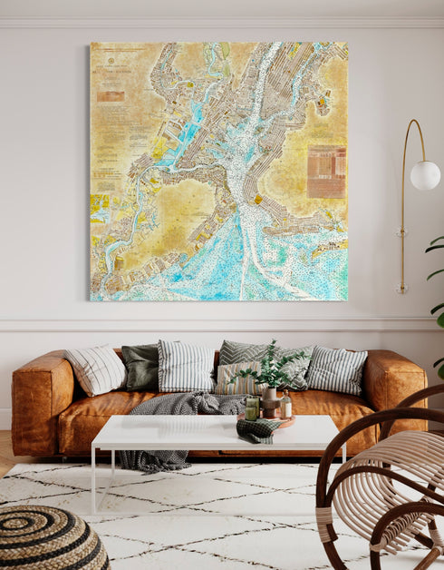 72"x72" nautical chart painting blending adventure and nostalgia with intricate lines and historical charm.
