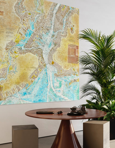 72"x72" nautical chart painting blending adventure and nostalgia with intricate lines and historical charm.