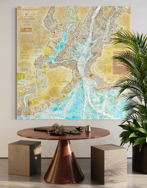 72"x72" nautical chart painting blending adventure and nostalgia with intricate lines and historical charm.