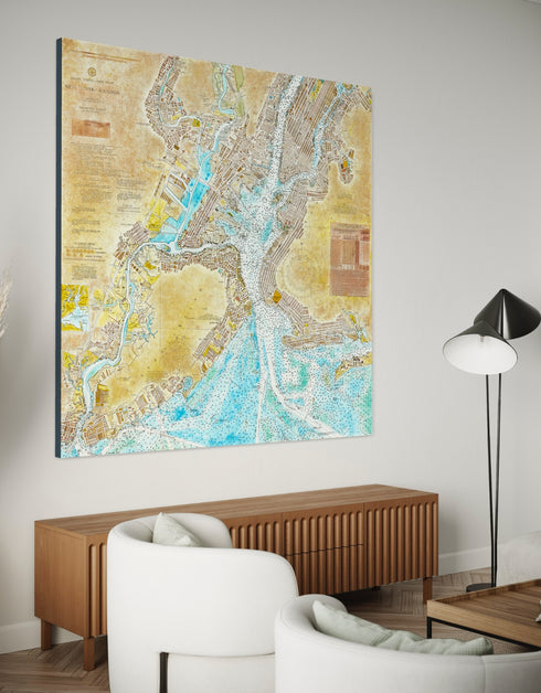 72"x72" nautical chart painting blending adventure and nostalgia with intricate lines and historical charm.