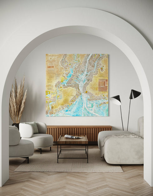 72"x72" nautical chart painting blending adventure and nostalgia with intricate lines and historical charm.