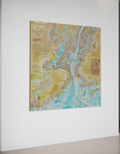 72"x72" nautical chart painting blending adventure and nostalgia with intricate lines and historical charm.