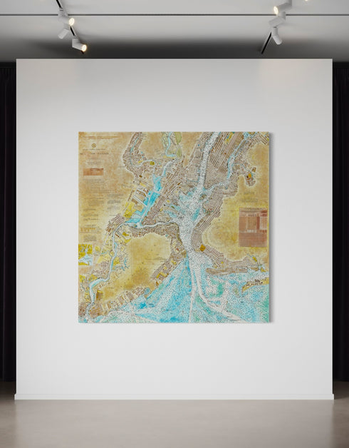 72"x72" nautical chart painting blending adventure and nostalgia with intricate lines and historical charm.