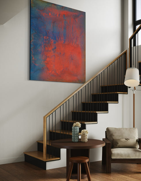 Vibrant painting with bold crimson, earthy warmth, and cobalt highlights, celebrating artistic expression and symphonic beauty.