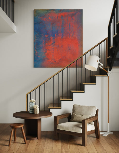 Vibrant painting with bold crimson, earthy warmth, and cobalt highlights, celebrating artistic expression and symphonic beauty.