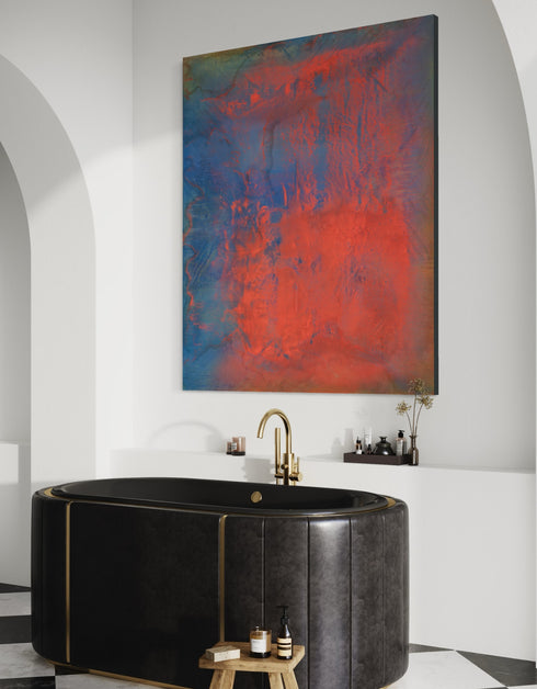 Vibrant painting with bold crimson, earthy warmth, and cobalt highlights, celebrating artistic expression and symphonic beauty.