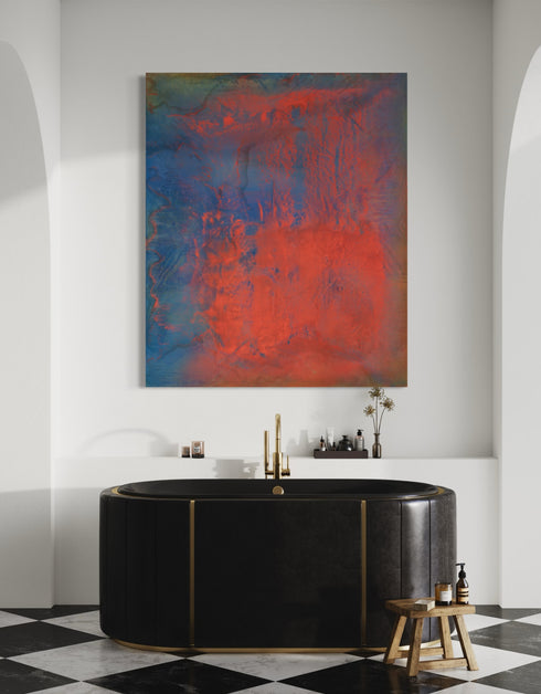Vibrant painting with bold crimson, earthy warmth, and cobalt highlights, celebrating artistic expression and symphonic beauty.