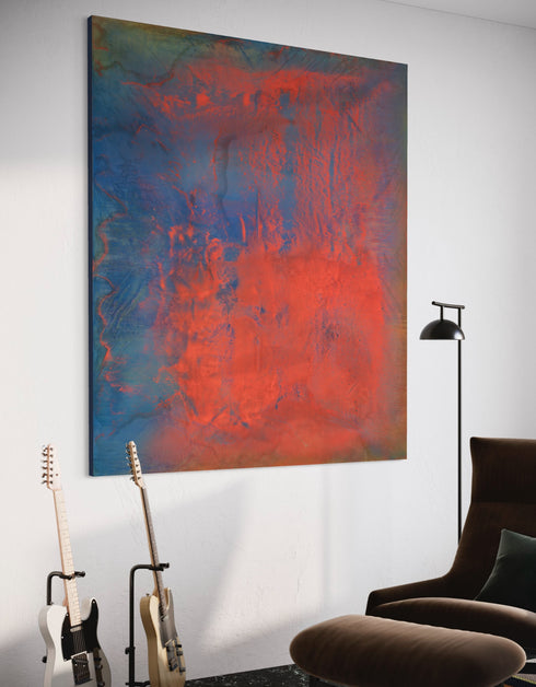 Vibrant painting with bold crimson, earthy warmth, and cobalt highlights, celebrating artistic expression and symphonic beauty.