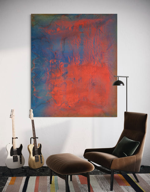 Vibrant painting with bold crimson, earthy warmth, and cobalt highlights, celebrating artistic expression and symphonic beauty.