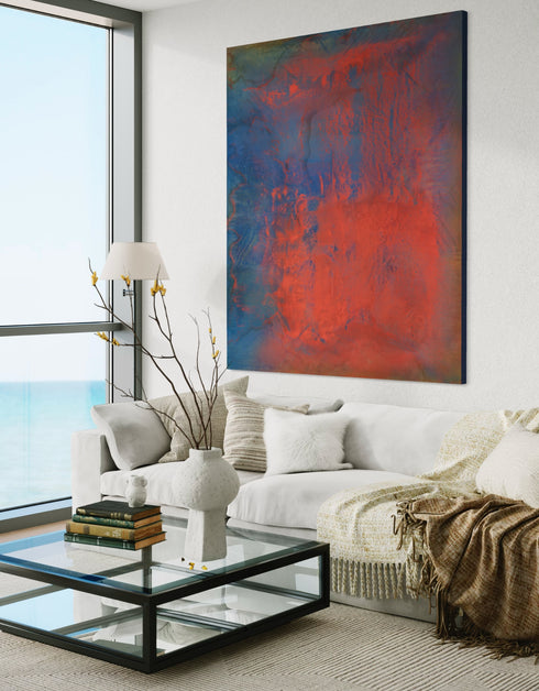 Vibrant painting with bold crimson, earthy warmth, and cobalt highlights, celebrating artistic expression and symphonic beauty.