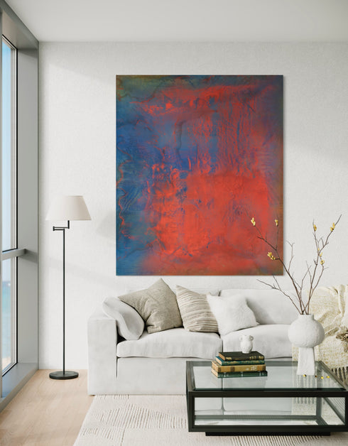Vibrant painting with bold crimson, earthy warmth, and cobalt highlights, celebrating artistic expression and symphonic beauty.