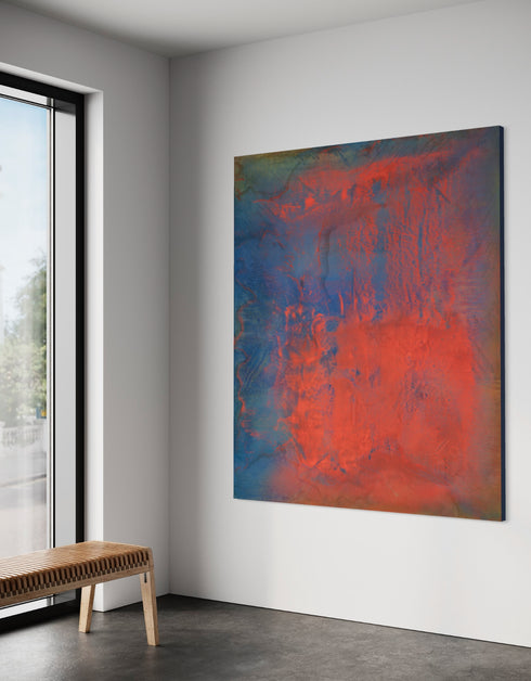 Vibrant painting with bold crimson, earthy warmth, and cobalt highlights, celebrating artistic expression and symphonic beauty.