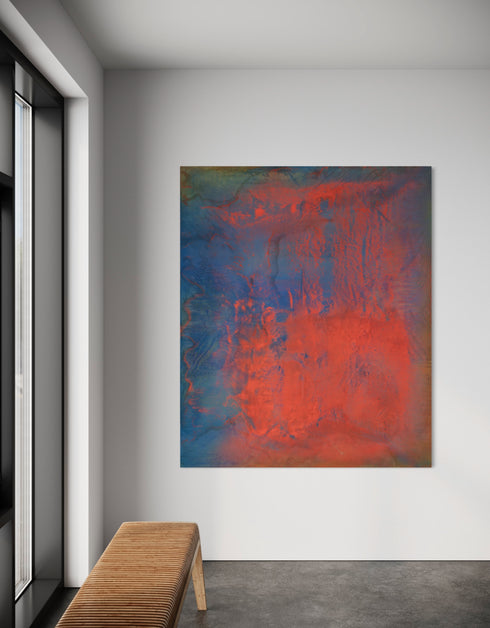 Vibrant painting with bold crimson, earthy warmth, and cobalt highlights, celebrating artistic expression and symphonic beauty.