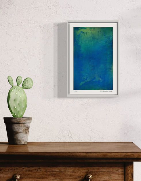 Photosynthesis is a Limited Edition Print by Seth B. Minkin, with bright cobalt blues, vibrant greens, and shimmering yellow undertones, capturing the artwork's depth.